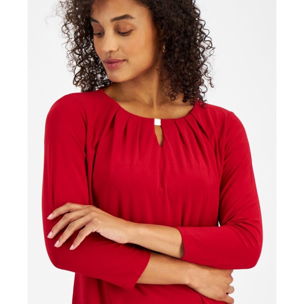 Kasper Womens Petite Pleat-Neck 3/4-Sleeve Blouse Red Size PS MSRP $59 - Picture 3 of 4